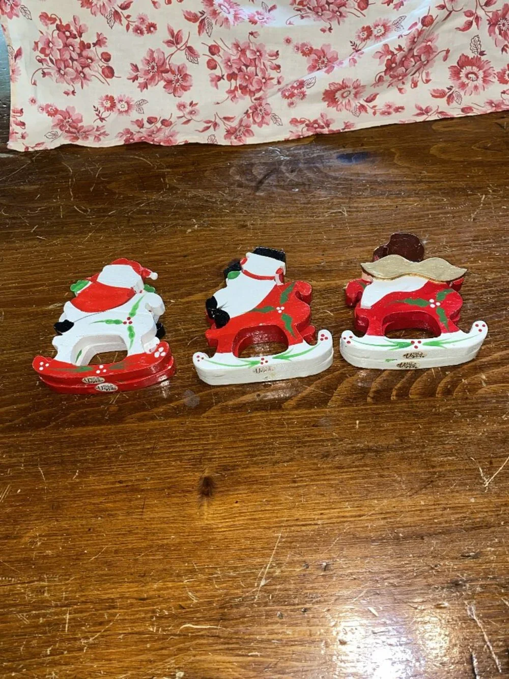 Adorable Vintage Vera Neumann Wooden Napkin Rings, Set of 6, Santa-Snowman-Angel